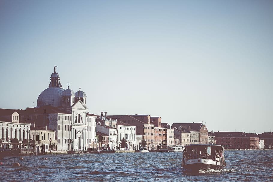 venice vaporetto water-bus, Venice, Vaporetto, Water-Bus, Canal Grande, antique, architecture, boats, cloudless, houses