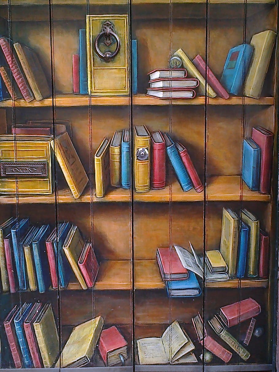 assorted-books, bookshelf illustration, door, painted, decoration, bookshelf, books, book, library, shelf