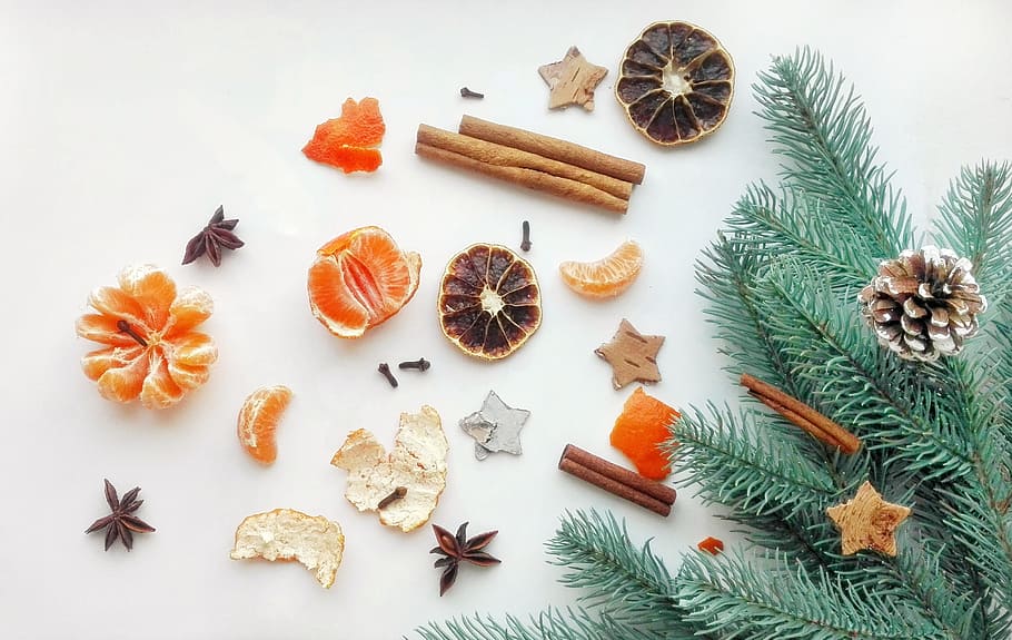 flat, lay, photography, cinnamon sticks, star anise, peeled, orange, christmas, background, ornament