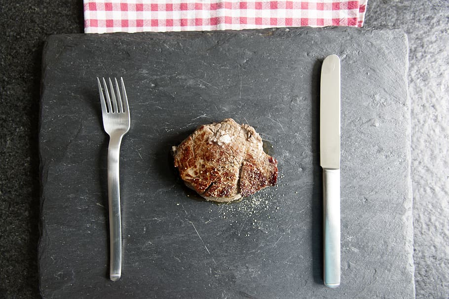photography, bread knife, fork, steak, fillet, gourmet, tasty, eat, food, meat