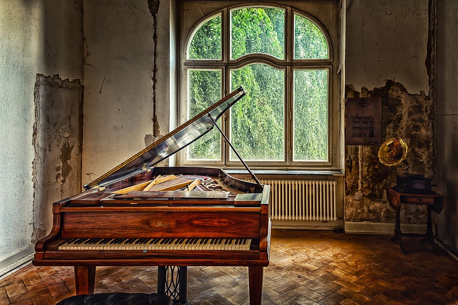 villa, space, room, architecture, house, old, interior, piano, wing, gramophone