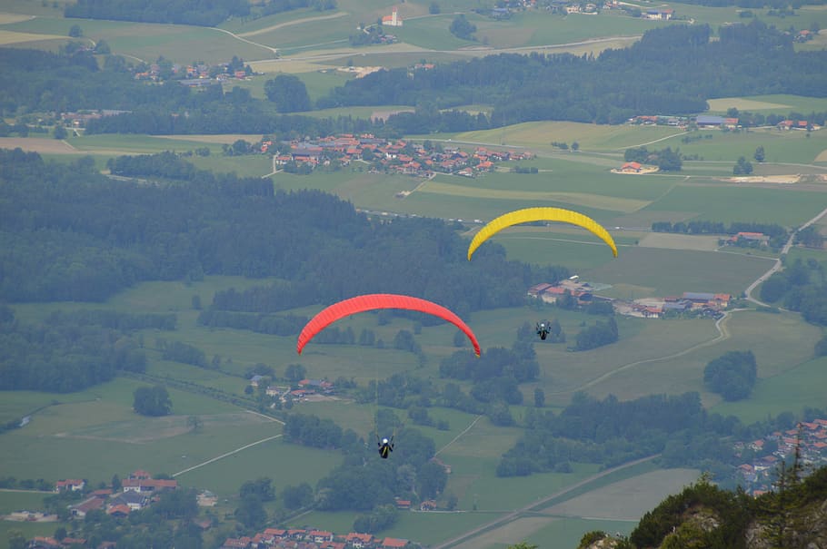 mountains, paragliding, flying, dom, paraglider, summer, allgäu, landscape, sliding gliding, aerial view