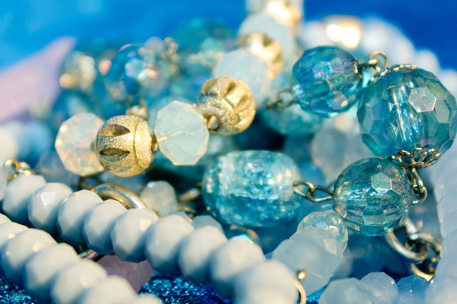 blue, gemstones, shallow, focus photography, jewellery, beads, glass