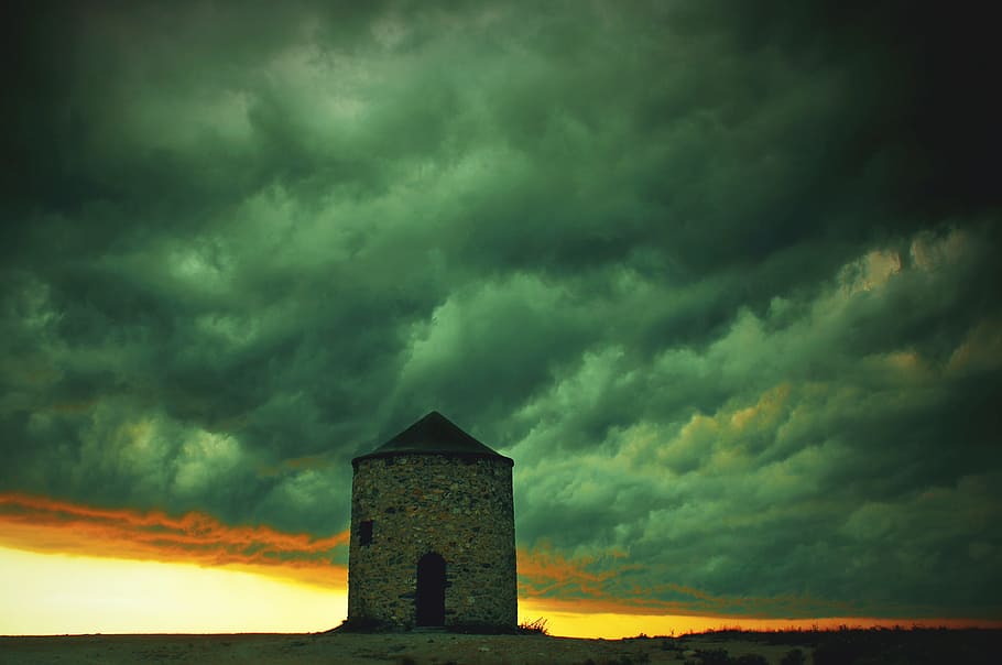 sky, clouds, mill, windmill, sunset, gloomy, stormy, seaside, summer, evening