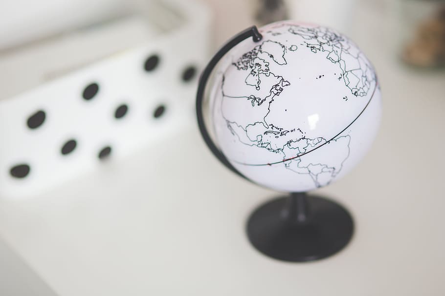 blanco, negro, globo de escritorio, globo terráqueo, tierra, viajes, navegación, mundo, planeta, global