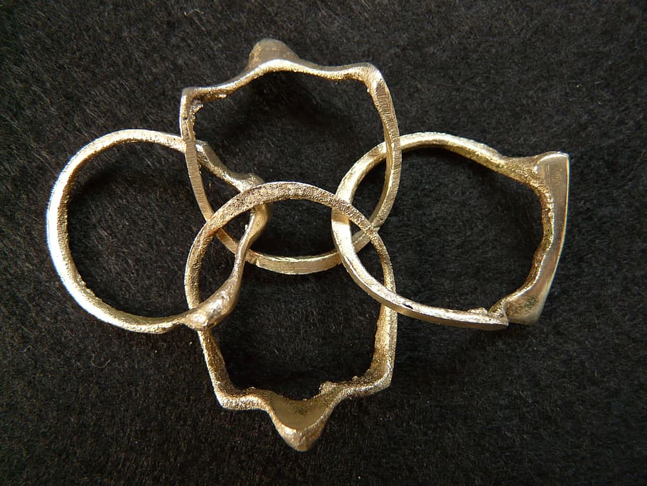 anillos, anillo de metal, metal, rompecabezas, hierro fundido, cuatro, concatenados, adentro, sin gente, forma