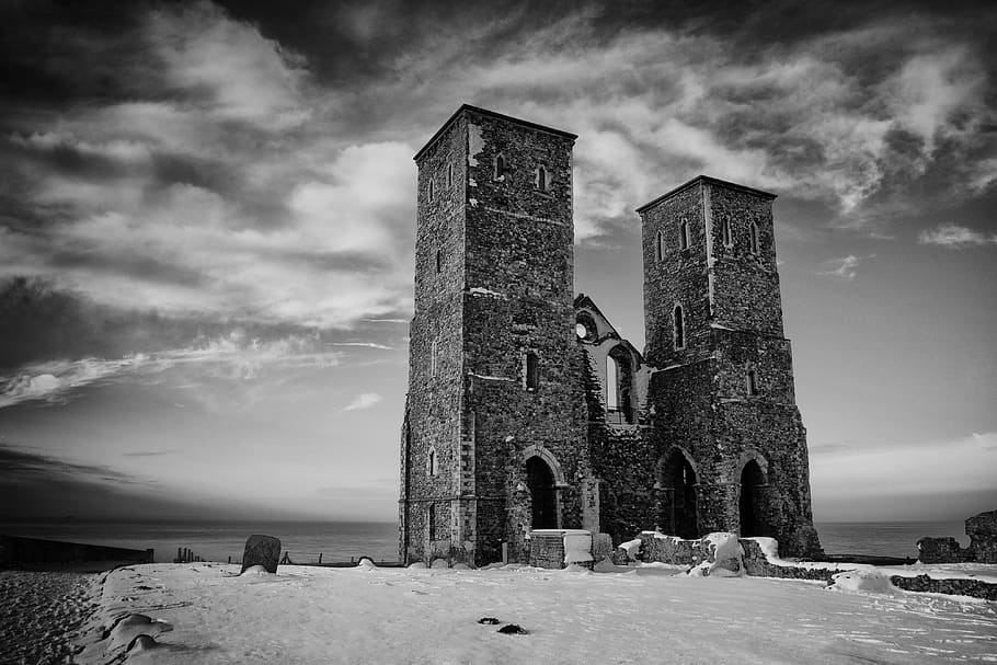 Reculver Towers, Winter, Clouds, Roman, Fort, Hill, church, medieval, castle, architecture