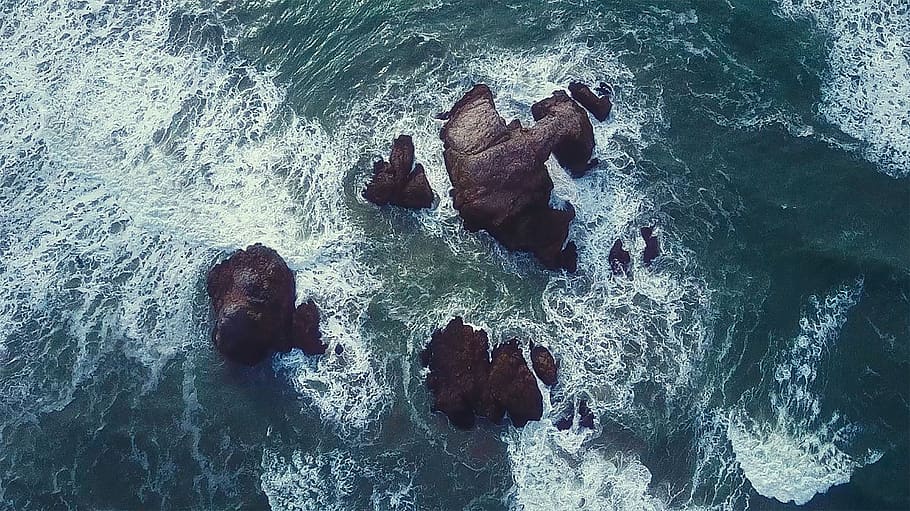 sea, ocean, water, waves, nature, splash, rocks, rock, high angle view, rock - object