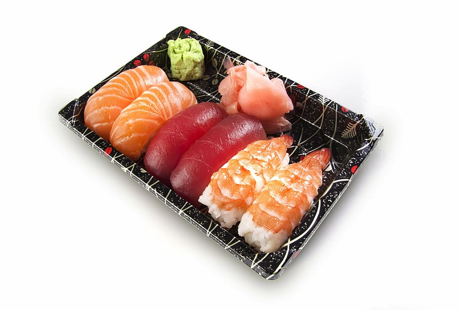 sushi pack, sushi, set, nigiri, maki, fish, raw, salmon, rice, wasabi
