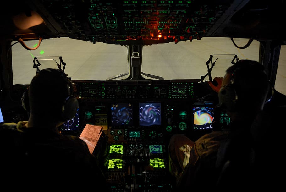 two, pilot, cockpit, avionics, flight, cargo, aircraft, aviation, transportation, panel