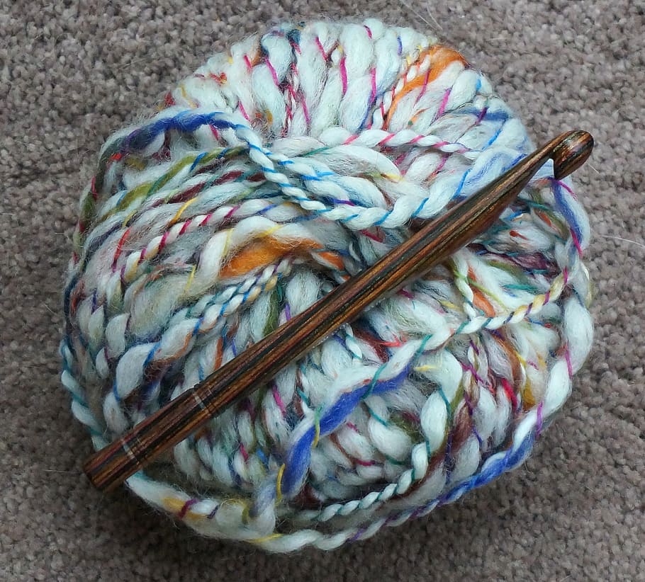 yarn, variegated, crochet, bulky, craft, handmade, fiber arts, white, blue, orange