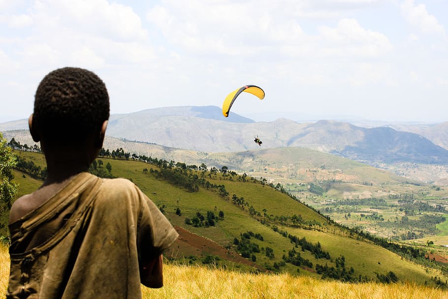 yellow parachute, landscape, child, paragliding, burundi, africa, panorama, african, black, tourism