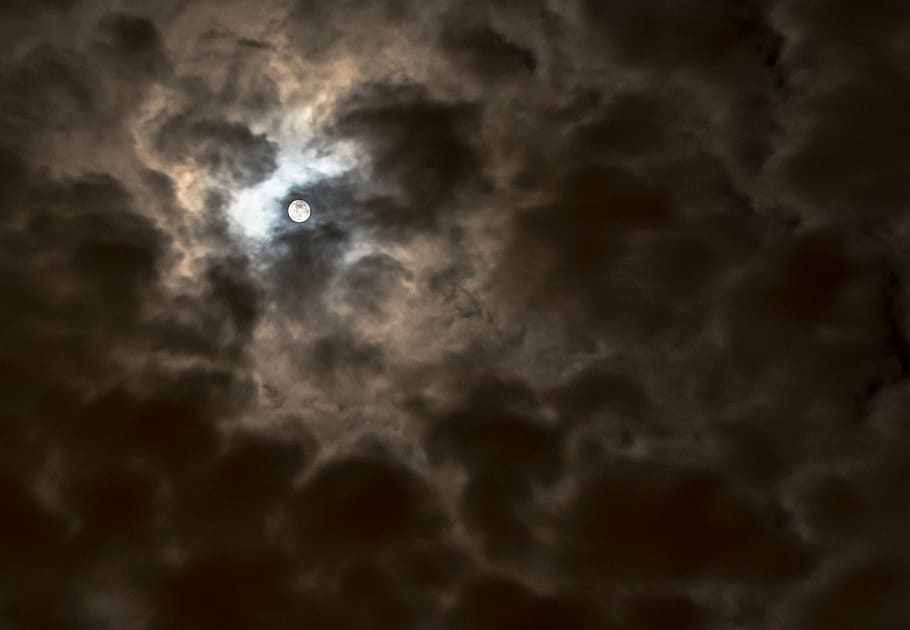 満月, 月, 覆われた, 雲, 空, 暗い, 夜, 写真, 空間, 背景