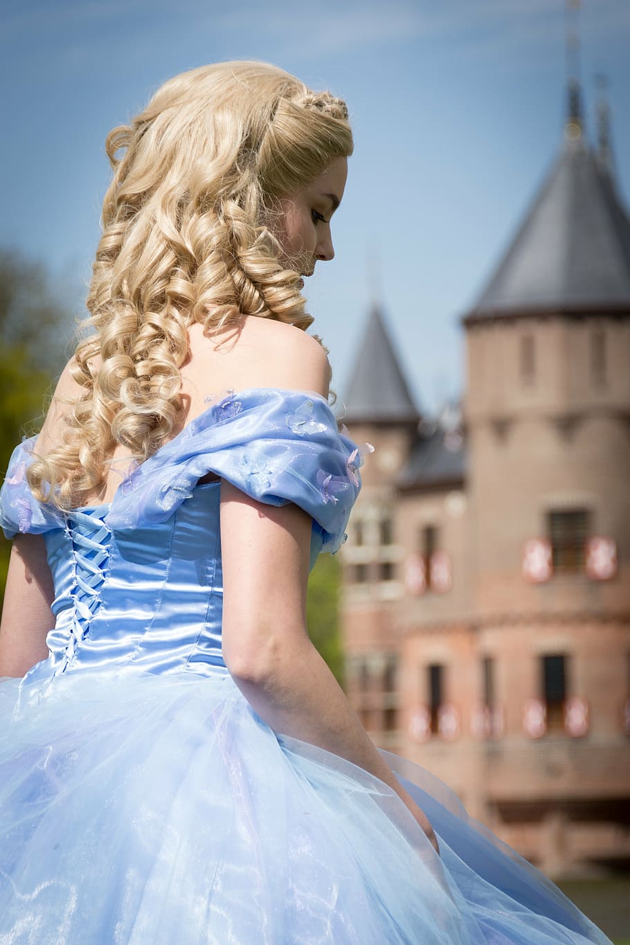 woman, blue, tulle gown, fairy tale, model, cinderella, fantasy, mysterious, castle, disney