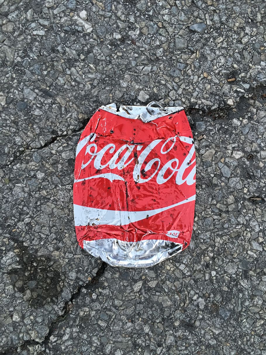 Smashed, Can, Soda, sign, text, communication, day, red, outdoors, high angle view