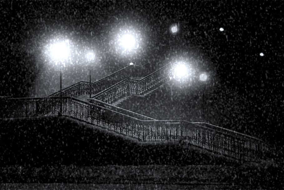 grayscale photography, staircase, night time, grayscale, stairs, snow, lamp posts, street lamp, light pole, city