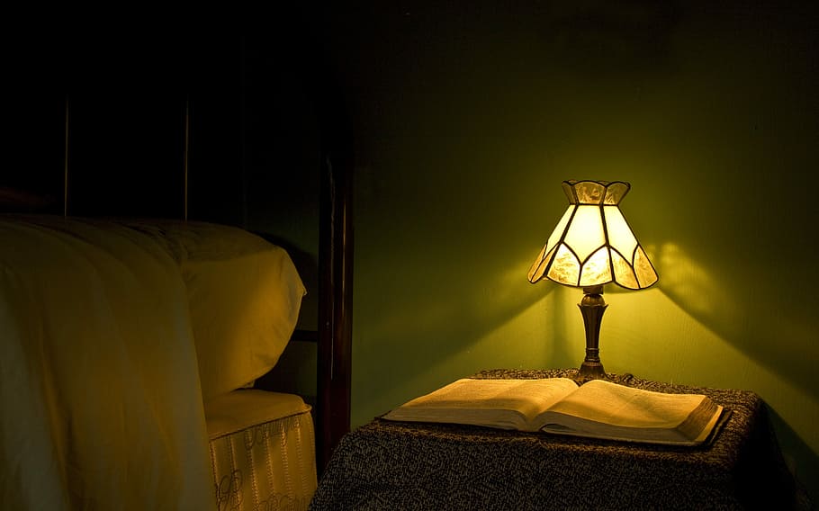 black, brown, table lamp, book, Lamp, Light, Bed, Bible, Still Life, soft light