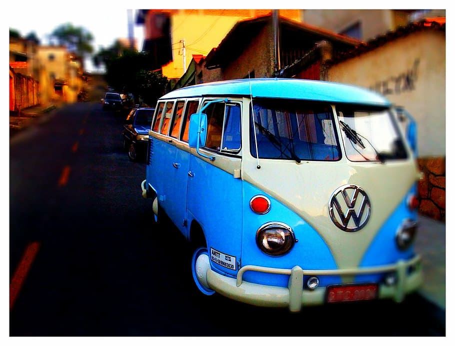 azul, blanco, volkswagen kombi, coche, vehículo, transporte, viajes, aventura, carretera, volkswagen