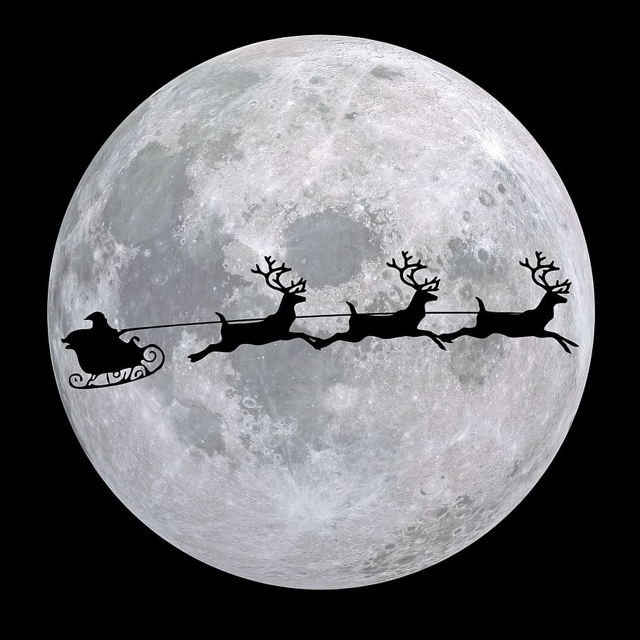 silhouette photo, santa claus, three, reindeers, full, moon, planet, nicholas, reindeer sleigh, christmas