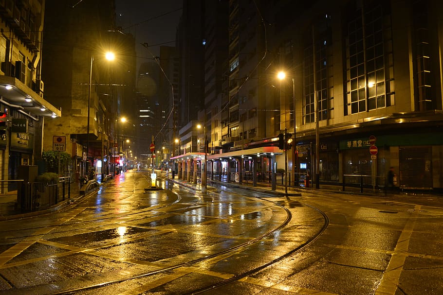 empty, road, nighttime, hongkong, night, late, city, urban, cityscape, building