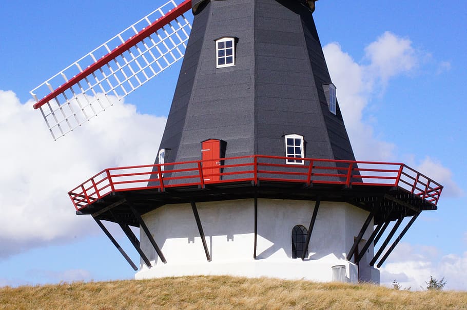 windmill, mill, wing, denmark, wind, müller, blue sky, sky, clouds, danish