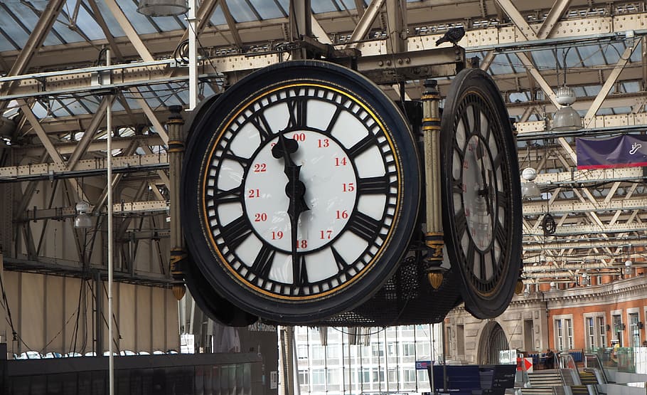Reloj, estación de Waterloo, Londres, ferrocarril, hora, minuto, viaje, reunión, manos, día