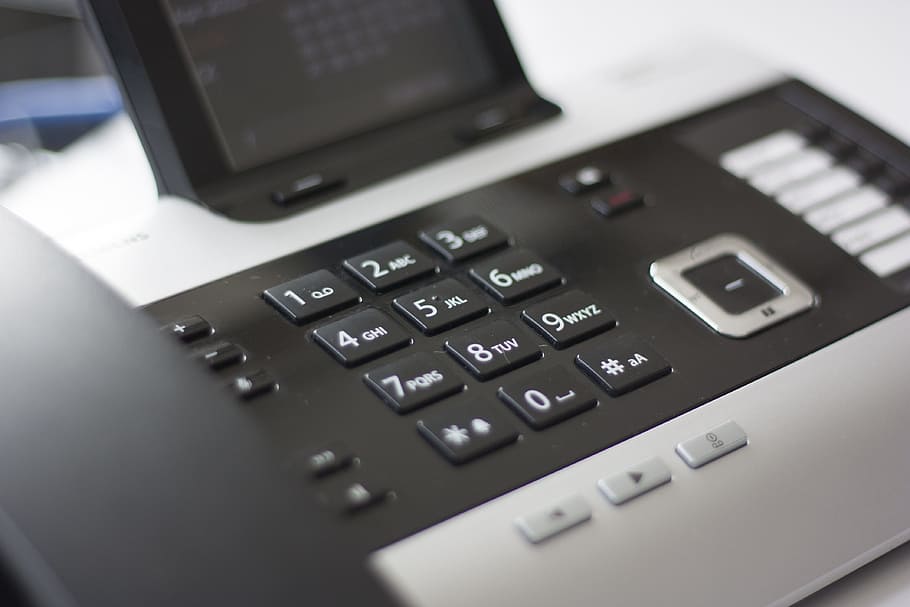 black, silver fax machine, phone, keys, communication, call, business, work, telephone, pay