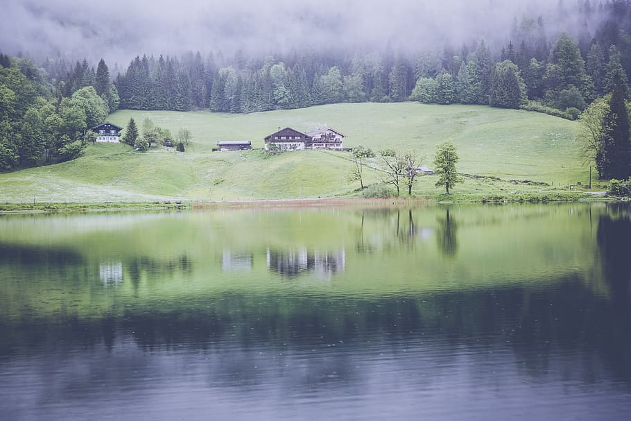 house, lake, taken, daytime, landscape, alpine, hotel, alm, hut, nature