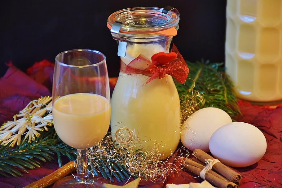 clear, glass jar, two, white, eggs, advocaat, liqueur, egg, yolk, bio