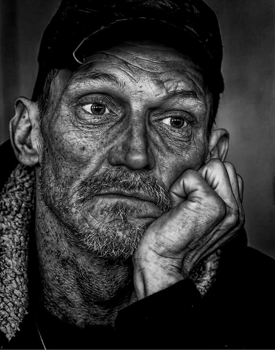 肖像画のアートワーク, 男, 身に着けている, 帽子, 人々, ホームレス, 男性, 通り, 貧困, 社会
