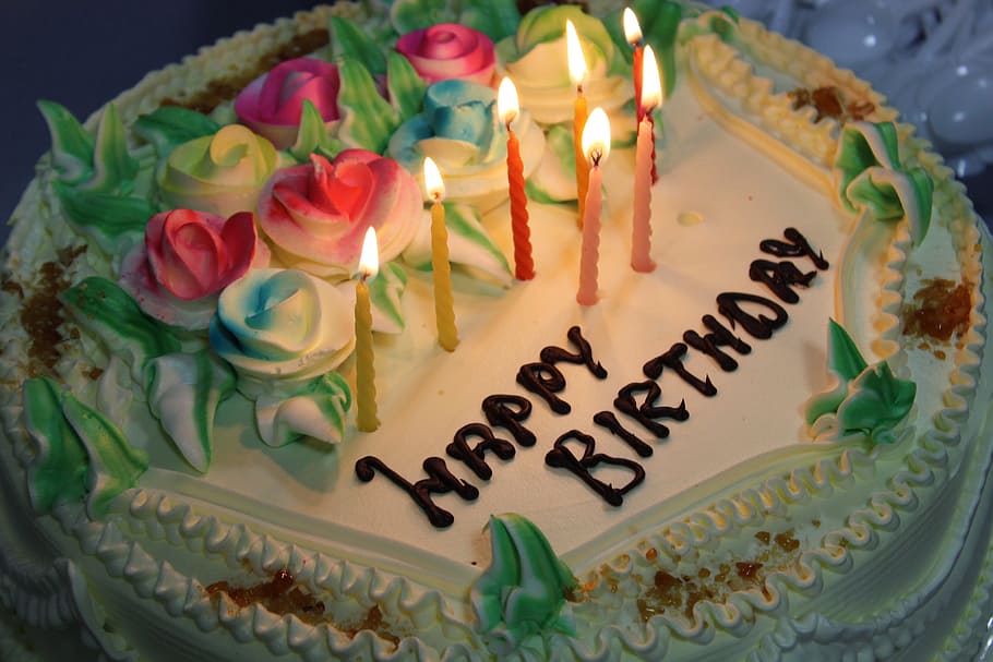single, layer, floral, themed, lighted, candles, birthday, cake, sweet, flowers