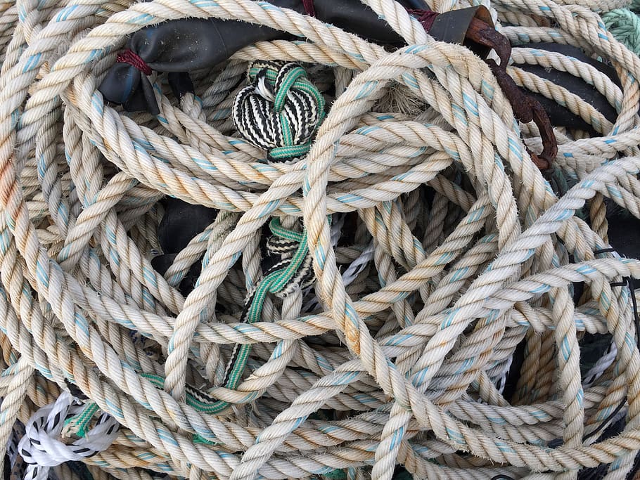 ropes, confusion, dew, mess, knot, boat, cordage, loop, knotted, rope