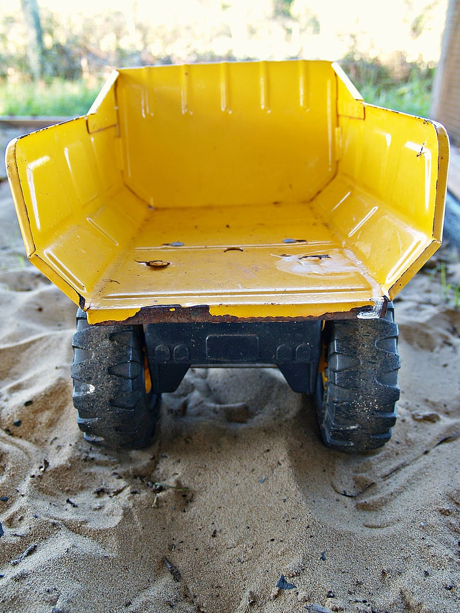 truck, yellow, toy, dump truck, sand, wheels, tray, driving, play, child