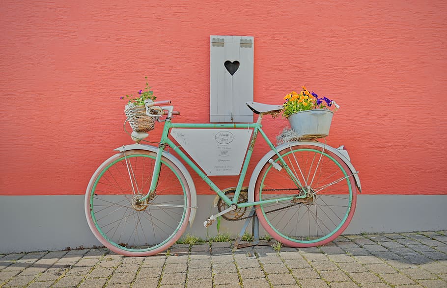 bicicleta, deco, decoración, decorativa, letrero publicitario, vintage, corazón, pared, canasta de flores, pared - característica de construcción