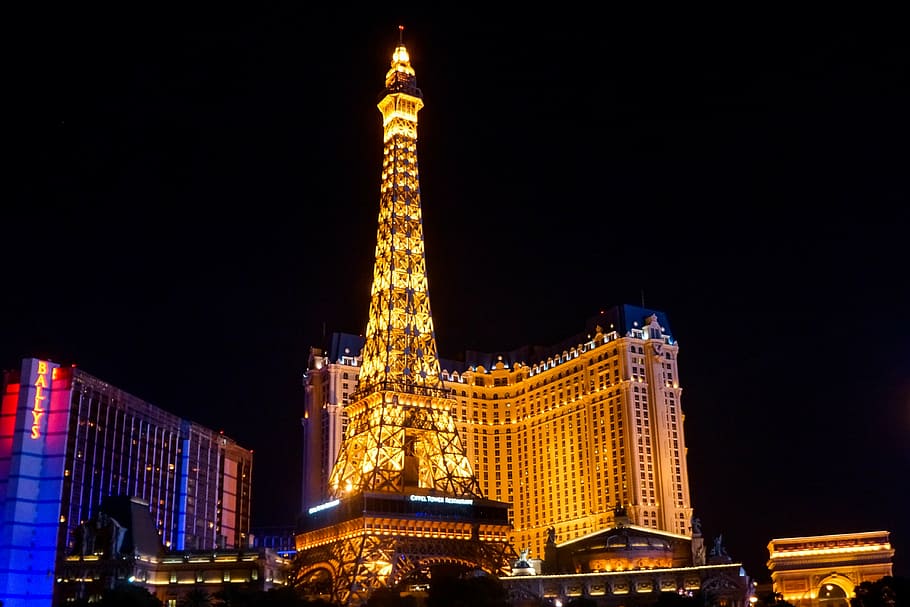 iluminado, torre, noturno, las vegas, hotel de paris, tour eiffel fake, atração turística, fora, cidade, luzes
