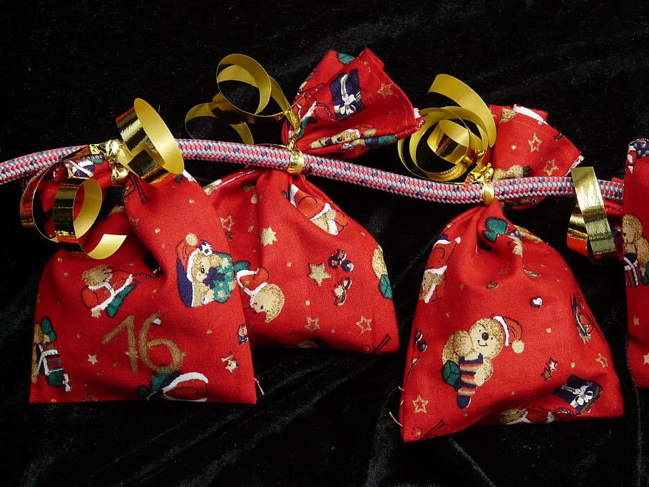 advent calendar, gifts, nicholas, bag, packed, surprise, advent, red, close-up, still life