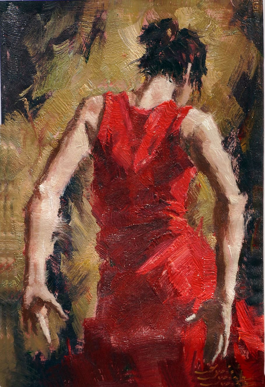 mujer, rojo, vestido lienzo de pintura, español, dama, danza, pintura, arte, vestido, flamenco