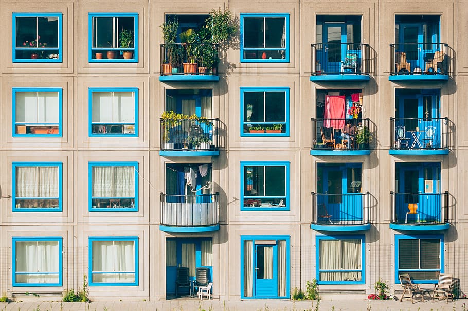 gedung, hunian, apartemen, kondominium, jendela, balkon, garis, bentuk, pola, minimalis
