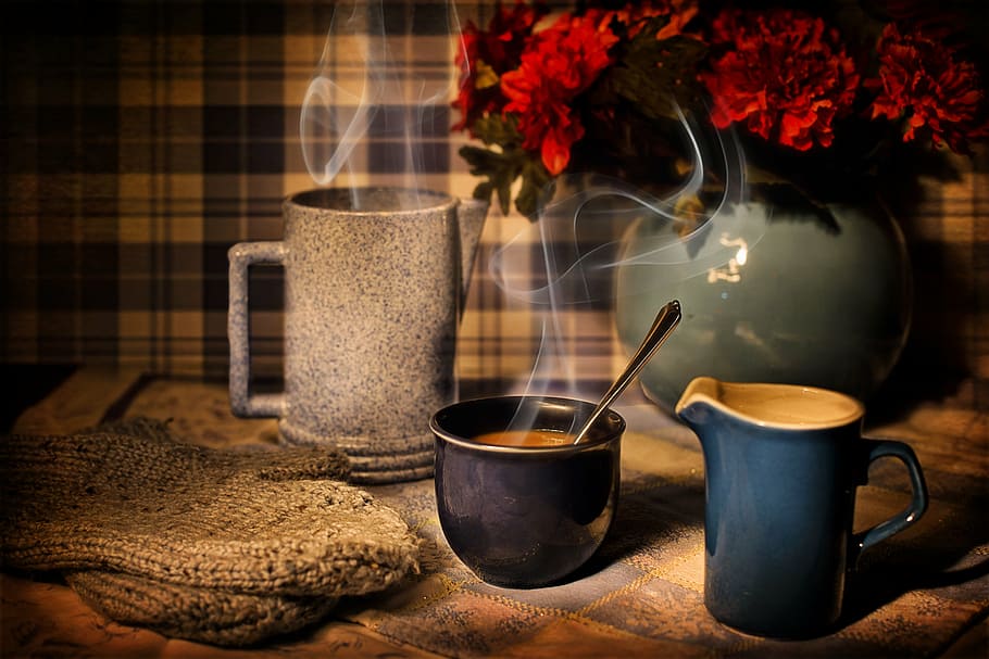 blue, ceramic, mug, full, coffee, table, winter, warmth, cozy, cup