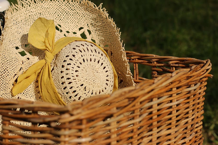 brown, hat, wicker basket, basket, yellow, ribbon, vintage, dreamy, happy, summer