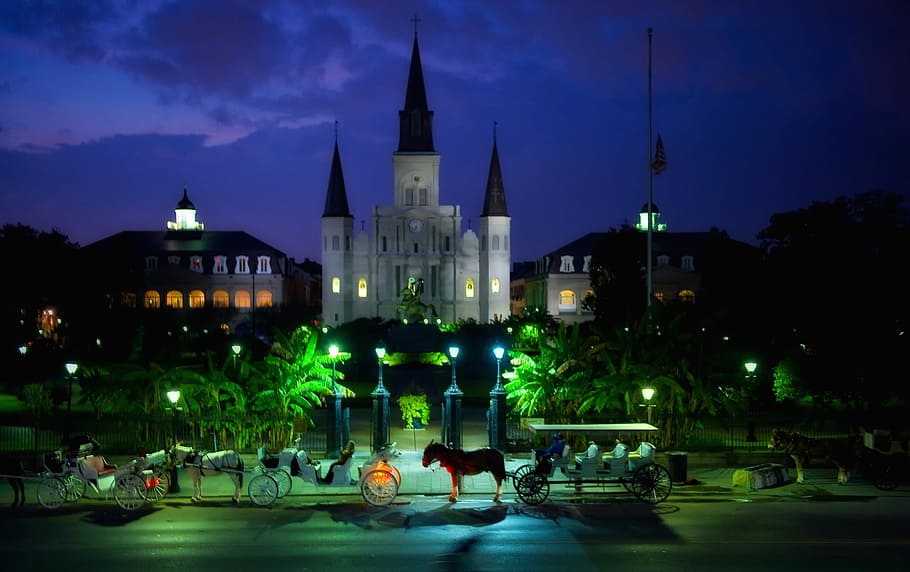 new, orleans evening city, horse carriages, New Orleans, evening, city, horse, carriages, Louisiana, architecture