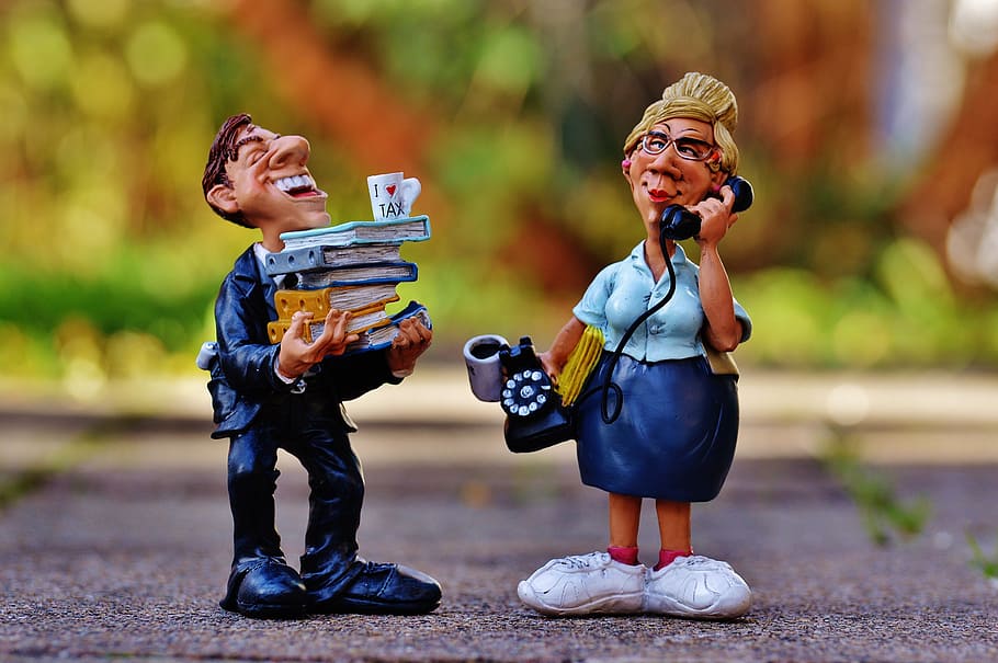 man, holding, books, woman, using, telephone figurines, tax consultant, secretary, office, phone