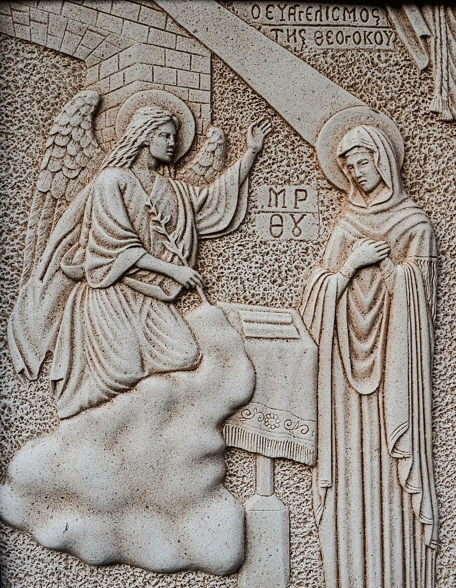 guardian angel, embossed, wall decor, engraving, annunciation, virgin mary, angel, wall, church, stone