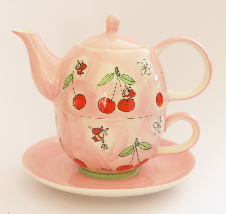 pink, red, ceramic, kettle, top, saucer, teapot, winter, cup, tea