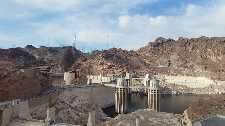 hoover dam, nevada, reservoir, hydroelectric, sky, water, cloud - sky, fuel and power generation, mountain, rock