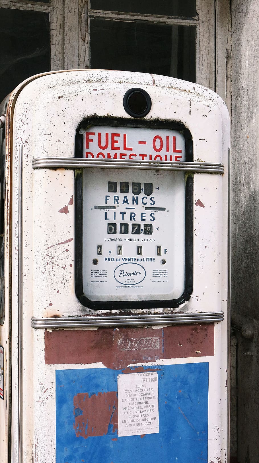 Bomba de óleo, combustível, aquecimento, energia, antiga, estação, velhos tempos, contador, bomba, texto