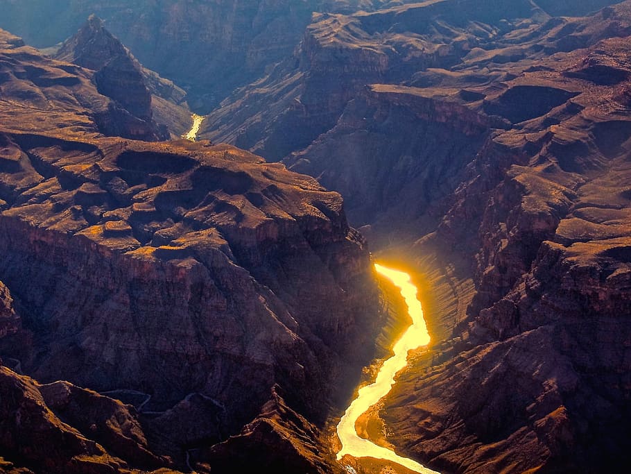 aerial, photography, body, water, surrounded, rocks, grand canyon, river, canyon, grand