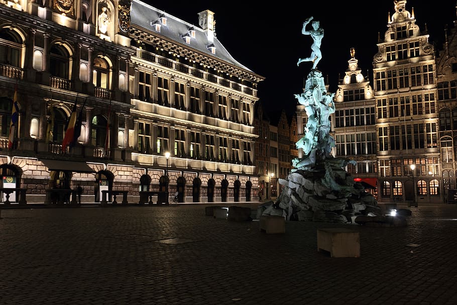 Belgia, antwerp, persegi, patung, malam, arsitektur, diterangi, eksterior bangunan, kota, representasi manusia