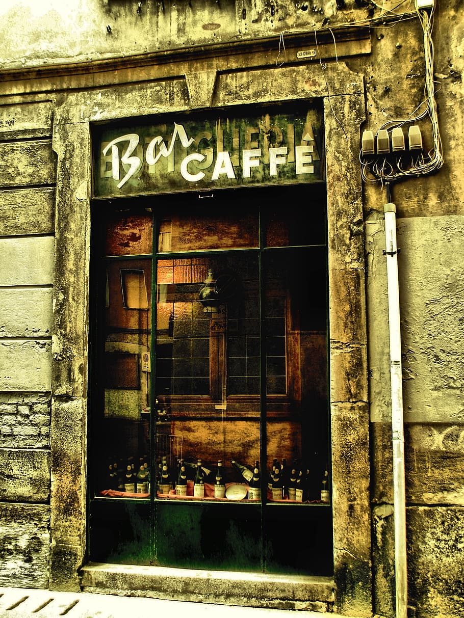 bar caffe facade, bar, wines, bottle of wine, local hard drive, milan, building exterior, text, architecture, built structure