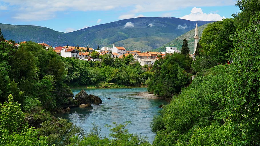 mostar, 발칸 반도, 보스니아 헤르체고비나, 녹색, 강, 풍경, 배경, 여행, 숲, 자연